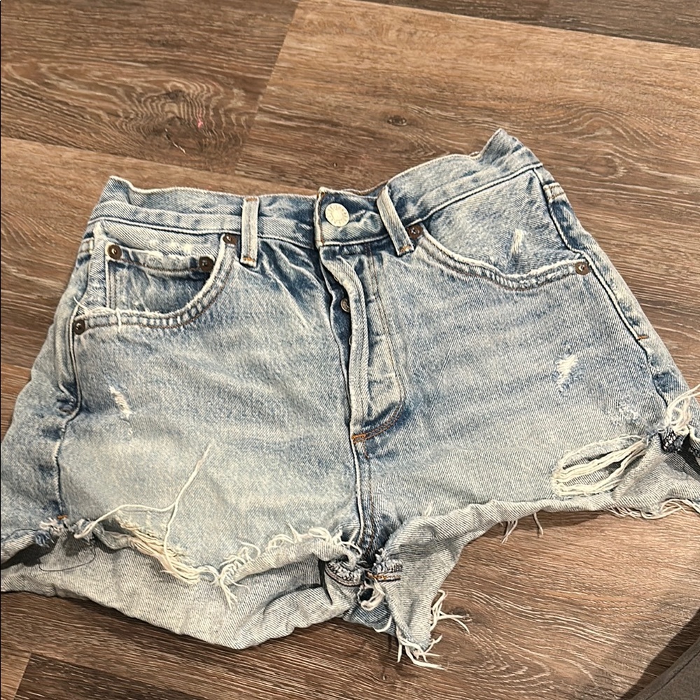 Agolde Blue Distressed Jean Shorts with Frayed Hem
